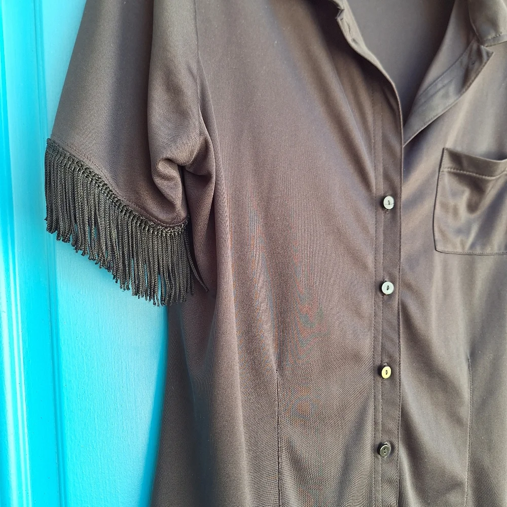 Vintage Blouse Fringe Sleeves Button Down Fitted Top Exagerated Flowy Trim M - Picture 15 of 17